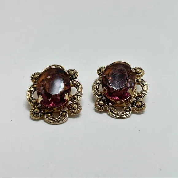 Marino, Vintage Gold And Purple Glass Cabochon Earrings, Clips, Marino 1932-1978 - Picture 8 of 8
